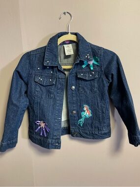 Disney Blue Denim Jacket with Mermaid Patch and Ribbon Accents. Size 5/6